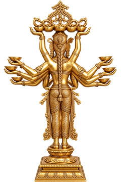 Brass back view of multi-armed deity statue with diya trays and decorative halo crown