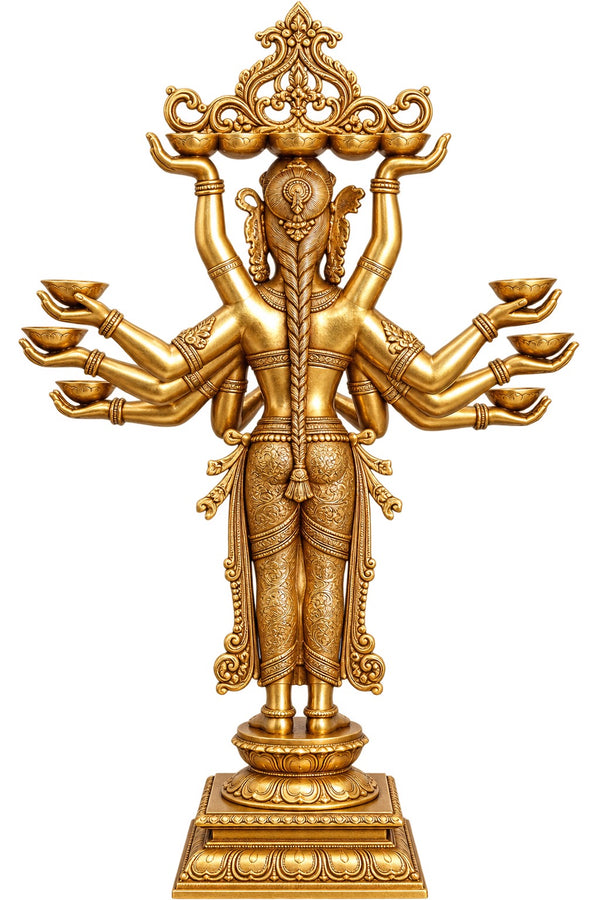 Brass Multi-Armed Deepalakshmi with Diyas – Grand Traditional Welcome Statue (Height: 48 Inches) Study Setting