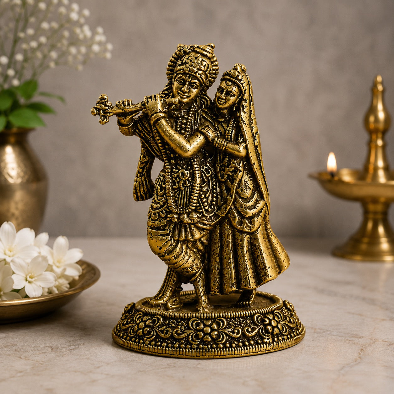 Brass Radha Krishna Idol with Flute – Antique Finish Handcrafted Statue for Home Temple & Décor (Height: 2.3 Inches)