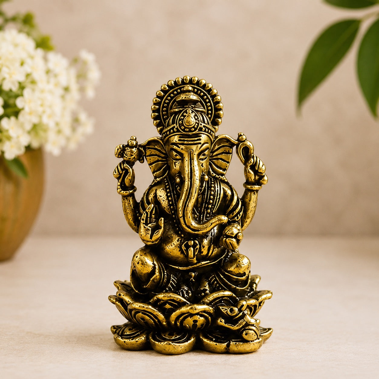 Brass Sitting Ganesha Idol – Antique Finish Handcrafted Statue for Home Temple, Pooja Room & Décor (Height: 1.3 Inches)