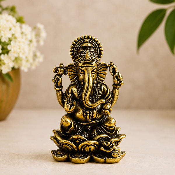 Brass Sitting Ganesha Idol – Antique Finish Handcrafted Statue for Home Temple, Pooja Room & Décor (Height: 1.3 Inches)