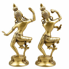 Brass Shiva Parvati dance idol pair, side view, smooth golden finish, swirling leg ornaments