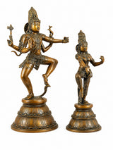 Brass Shiva-Parvati statue pair, Shiva in dancer stance, Parvati with one knee raised