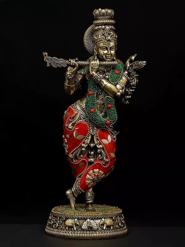 Superfine Brass Fluting Lord Krishna Idol (Height 9 Inch)