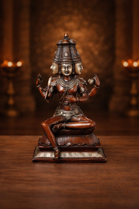 Brass Brahma seated, 4 Head And 4 Arms, Copper Finish Sculpture (Height :16 Inches)