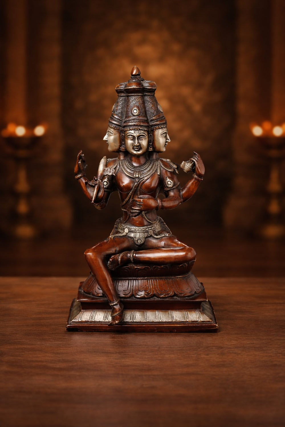 Brass Brahma seated, 4 Head And 4 Arms, Copper Finish Sculpture (Height :16 Inches)