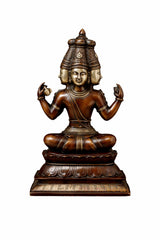 Front view copper finish Brahma sculpture, four arms raised, lotus base, 16 in