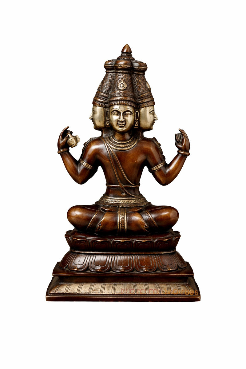 Front view copper finish Brahma sculpture, four arms raised, lotus base, 16 in