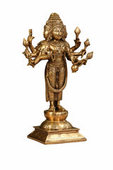 Brass Lord Brahma sculpture, multi-armed deity with ornate crown and gold tone