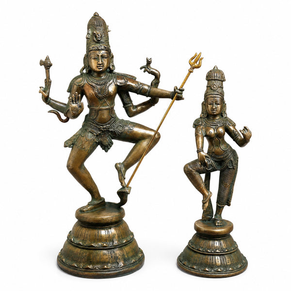 Brass Shiva Parvati Dancing Murti with Elegant Antique Gold & Green Finish (Height:22 Inches)