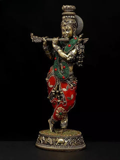 Lord Krishna idol statue, gold-toned figure with green beadwork and red jeweled-pattern dhoti