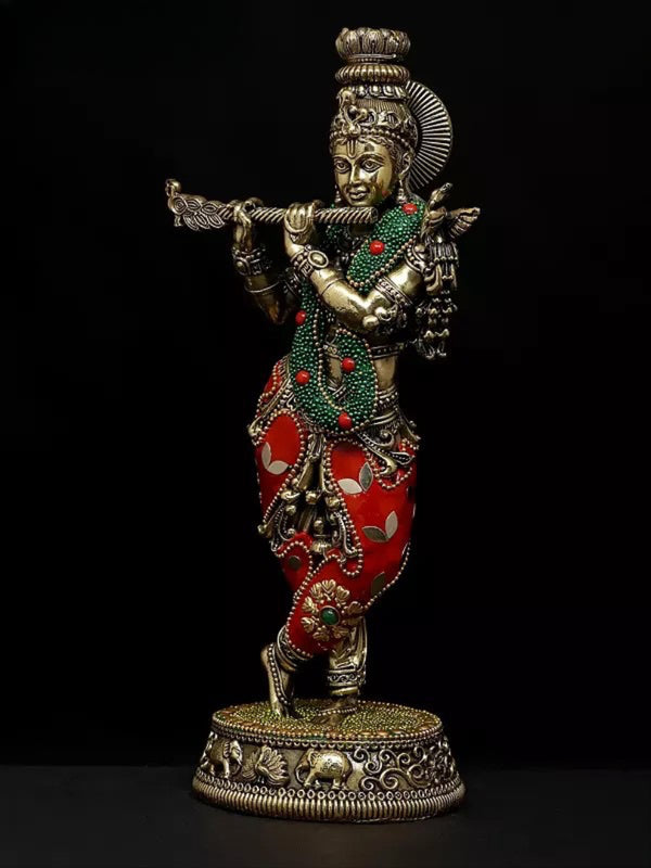 Superfine Brass Fluting Lord Krishna Idol (Height 9 Inch) Study Setting