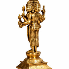 Brass Lord Brahma sculpture close view: calm faces, raised arms, engraved gold base