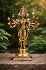 Brass Lord Brahma sculpture, 16-inch height; multi-armed deity standing with lotus base
