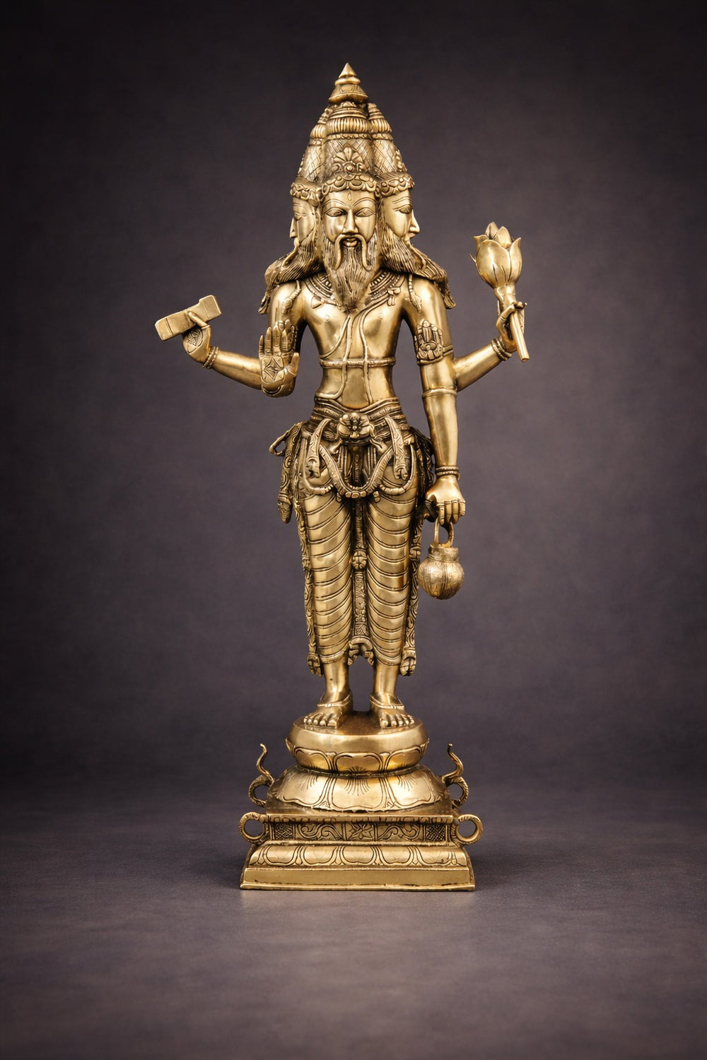 Brass Brahma Standing, Holding Lotus and Kamandal Sculpture (Height :38.5 Inches)
