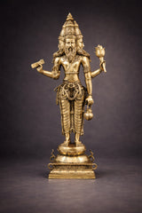 Brass Brahma standing sculpture, lotus and kamandal, ornate details, 38.5 in