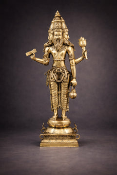 Brass Brahma standing sculpture, lotus and kamandal, ornate details, 38.5 in