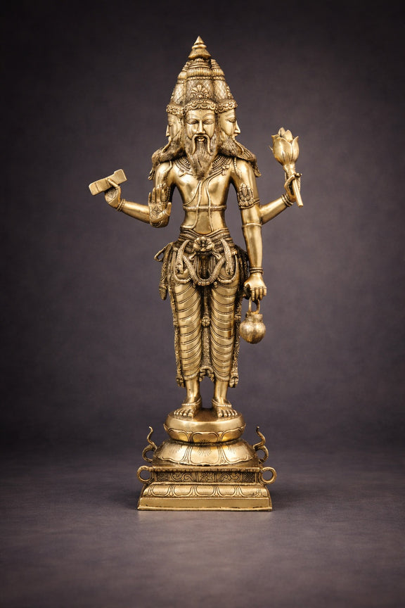 AONA Brass Brahma Standing, Holding Lotus and Kamandal Sculpture