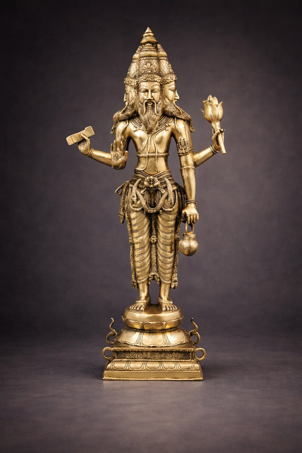Brass Brahma Standing, Holding Lotus and Kamandal Sculpture (Height :38.5 Inches)