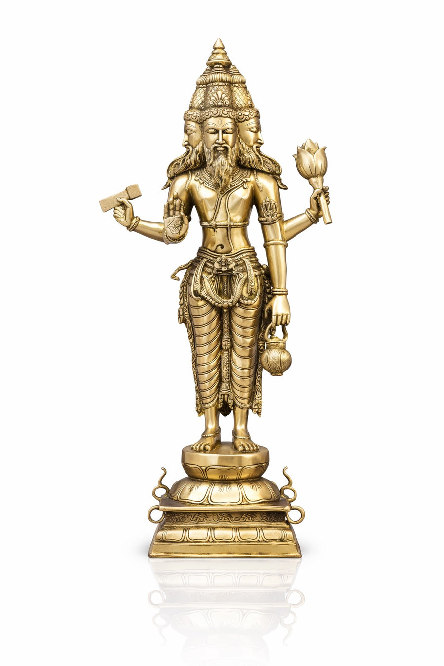 Brass Brahma Standing, Holding Lotus and Kamandal Sculpture (Height :38.5 Inches) Craft Detail