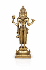Brass Brahma standing statue, arms extended; lotus and kamandal at sides, detailed