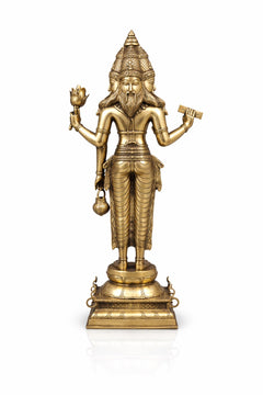 Brass Brahma standing statue, arms extended; lotus and kamandal at sides, detailed