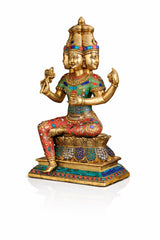 Brass Lord Brahma statue with colorful stonework, seated posture, raised hands