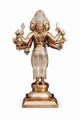 Rear view of standing Brahma sculpture, copper & silver finish, multiple arms holding objects