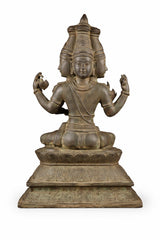 Bronze Brahma seated sculpture, closed eyes, detailed headgear, side view