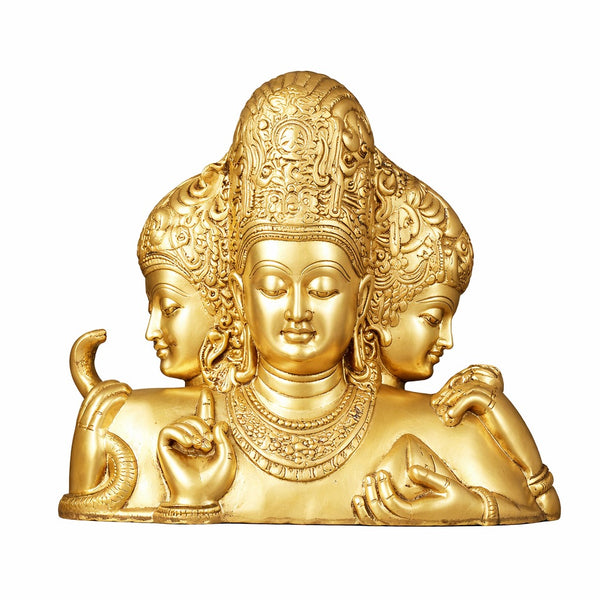 Brass Trimurti Bust (Brahma–Vishnu–Mahesh) Table Accent (Height :9.5 Inches) Entryway Setting