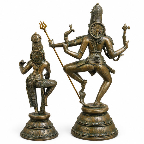 Brass Shiva Parvati Dancing Murti with Elegant Antique Gold & Green Finish (Height:22 Inches) Study Setting