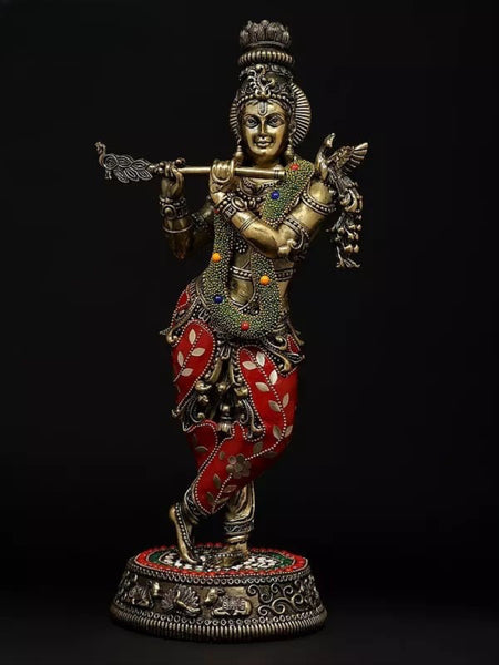 Superfine Brass Tribhanga Murari Krishna Playing Flute Idol (Height 14 Inch)