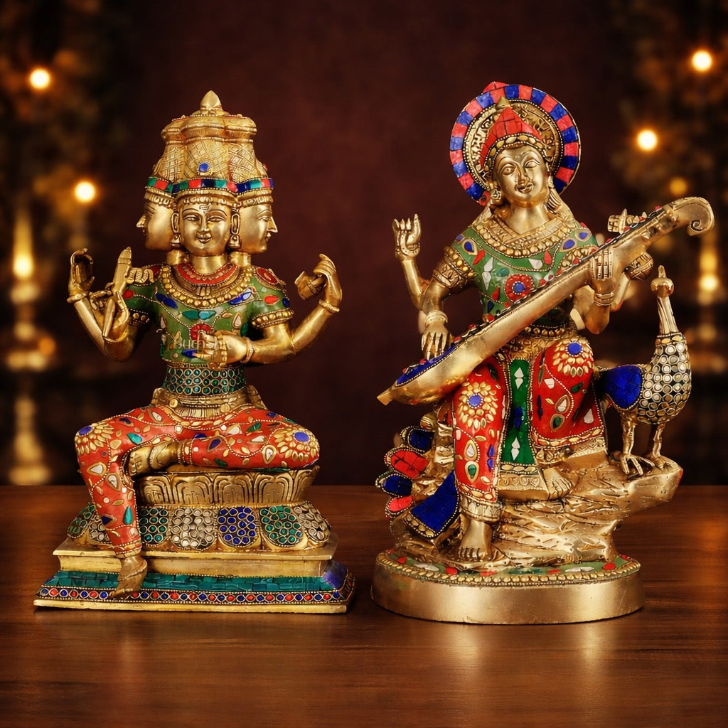 AONA Superfine Brass Goddess Saraswati & Lord Brahma pair 