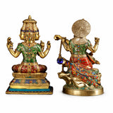 Brass Brahma statue with four heads, colorful jeweled attire, seated on pedestal