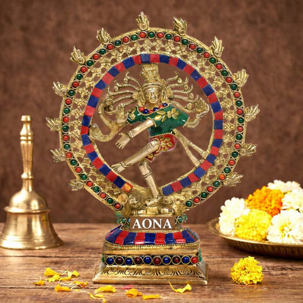 Brass Nataraj Lord Shiva Dancing Idol – Multicolor Decorative Statue for Home, Office, Living Room, or Temple Space (Height :9.5 Inches)