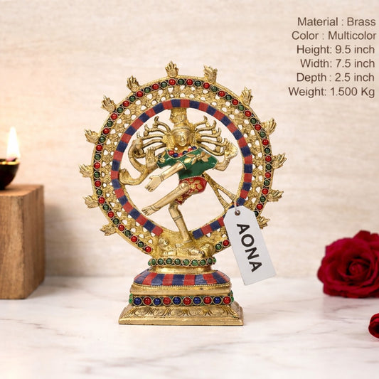 Brass Nataraj Lord Shiva Dancing Idol – Multicolor Decorative Statue for Home, Office, Living Room, or Temple Space (Height :9.5 Inches)