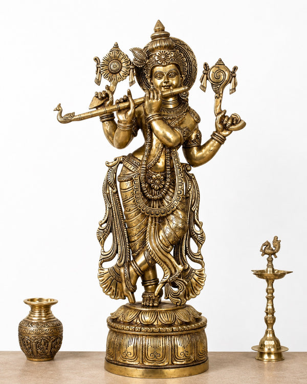 Brass Lord Krishna Sculpture Holding Shankh & Chakra (Height:32.5 Inches)