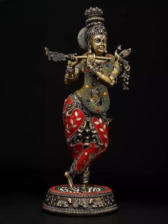 Superfine brass Krishna playing flute idol with red dhoti panels, jeweled chest ornaments, crown