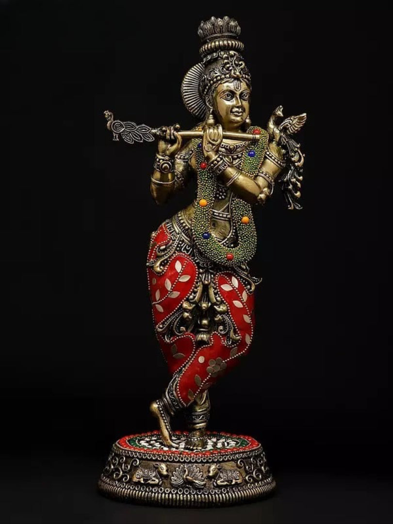 Superfine Brass Tribhanga Murari Krishna Playing Flute Idol (Height 14 Inch) Craft Detail