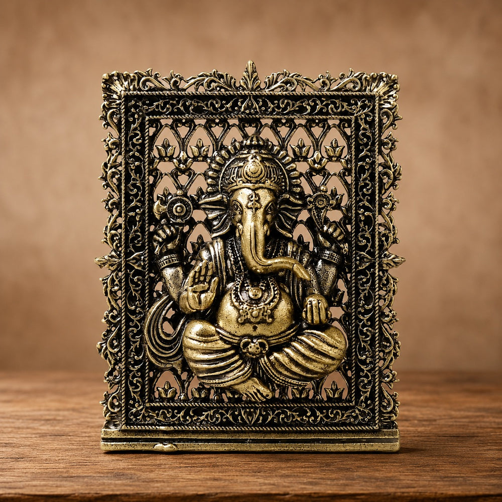 Superfine Brass Ganesh Panel with Fine Detailing – Perfect for Car Dashboard (Height:3 Inches)