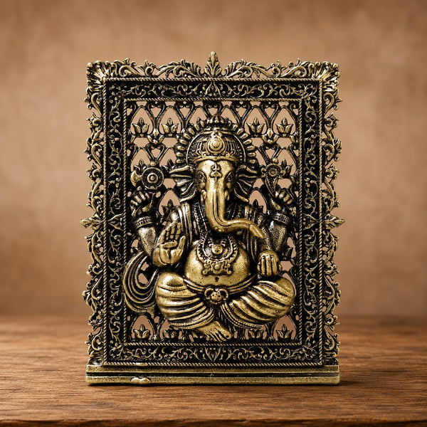 Superfine Brass Ganesh Panel with Fine Detailing – Perfect for Car Dashboard (Height:3 Inches)