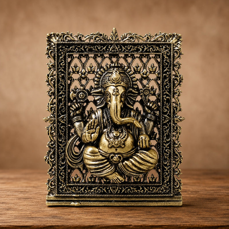 AONA Superfine Brass Ganesh panel with fine filigree front view, ornate frame and deity