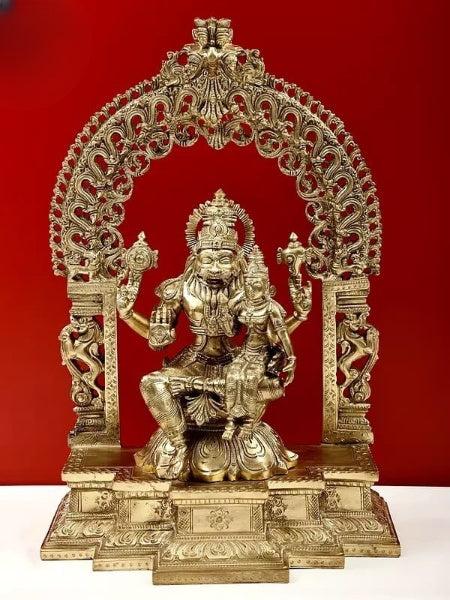 Brass Lord Narasimha statue, seated with arched ornate halo, front view