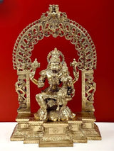 Brass Lord Narasimha statue, seated with arched ornate halo, front view