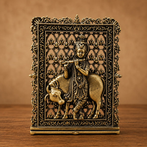 Superfine Brass Krishna with Cow Panel – Suitable for Car Dashboard with Fine Detailing (Height:3 Inches)