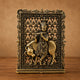 Brass Krishna with cow panel figurine in ornate frame for car dashboard, 3 in