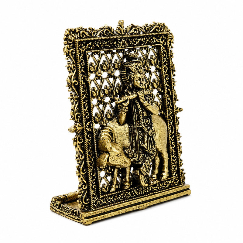Brass Krishna & cow framed panel figurine with detailed border, car dashboard, 3 in