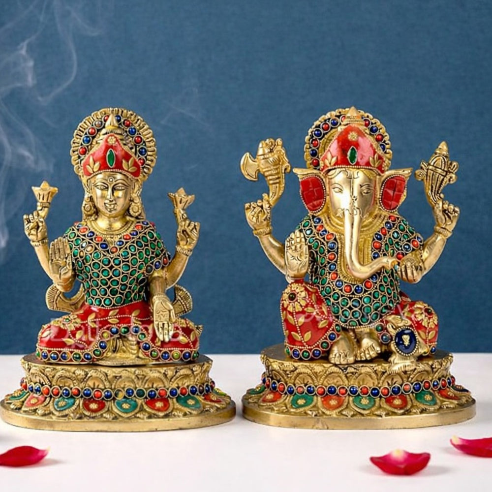 Premium Brass Lakshmi Ganesh Idol Set – Laxmi & Ganesha Statues for Home Décor, Mandir & Pooja (Height :9 Inches)