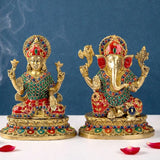 Messing-Idol-Set mit Lakshmi und Ganesha, sitzend, bunte Juwelverzierungen, 9 Zoll