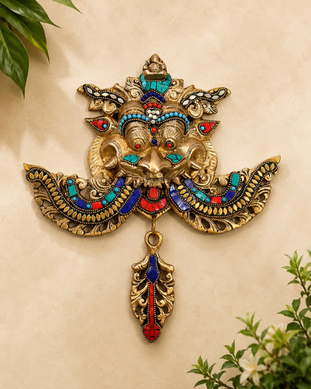 Pure Brass Kirtimukha Yali Wall Hanging with Ganesha & Intricate Stonework  (Height: 11 Inches)